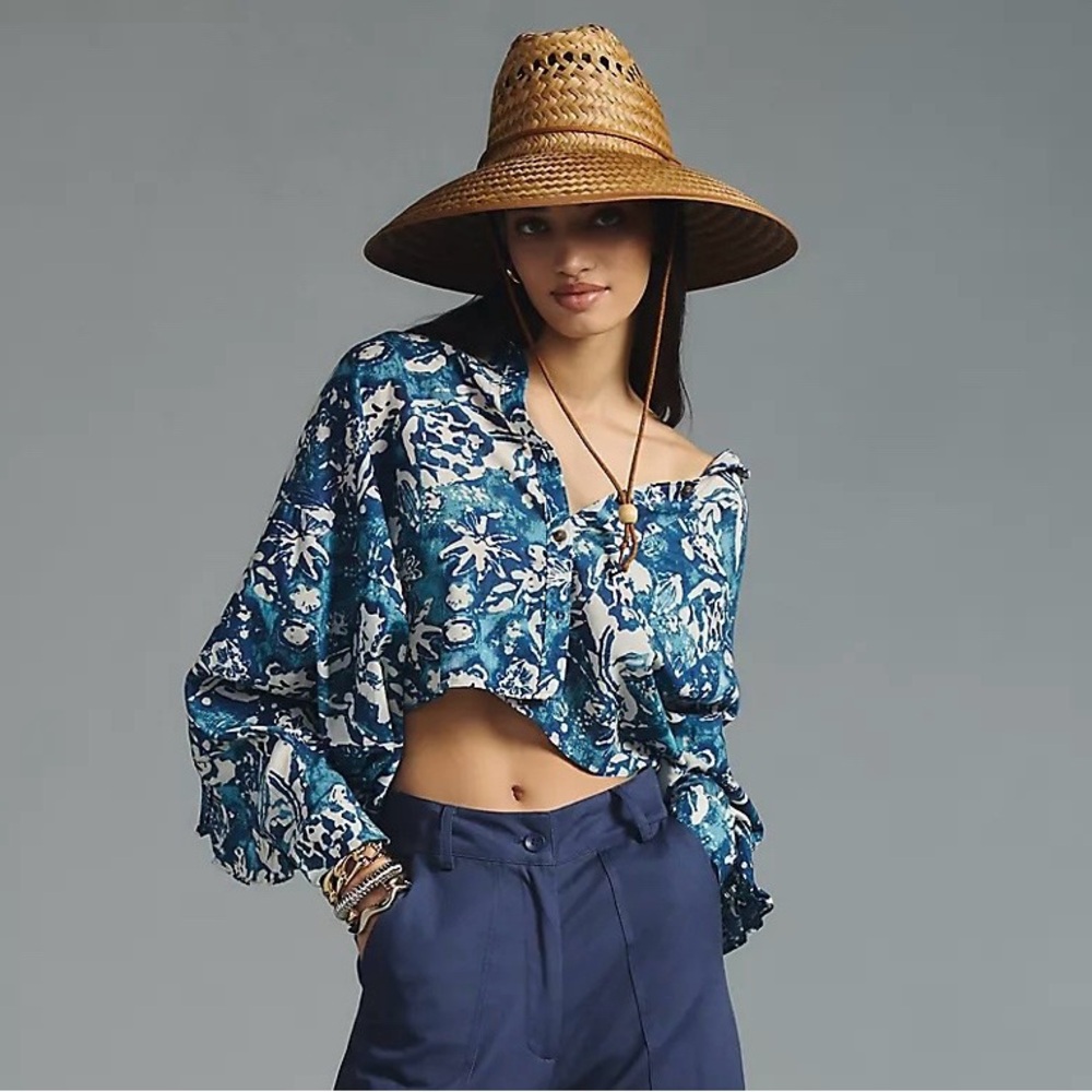 Anthropologie Pilco Batwing Ruffled Oversized Blouse in Blue Size XS